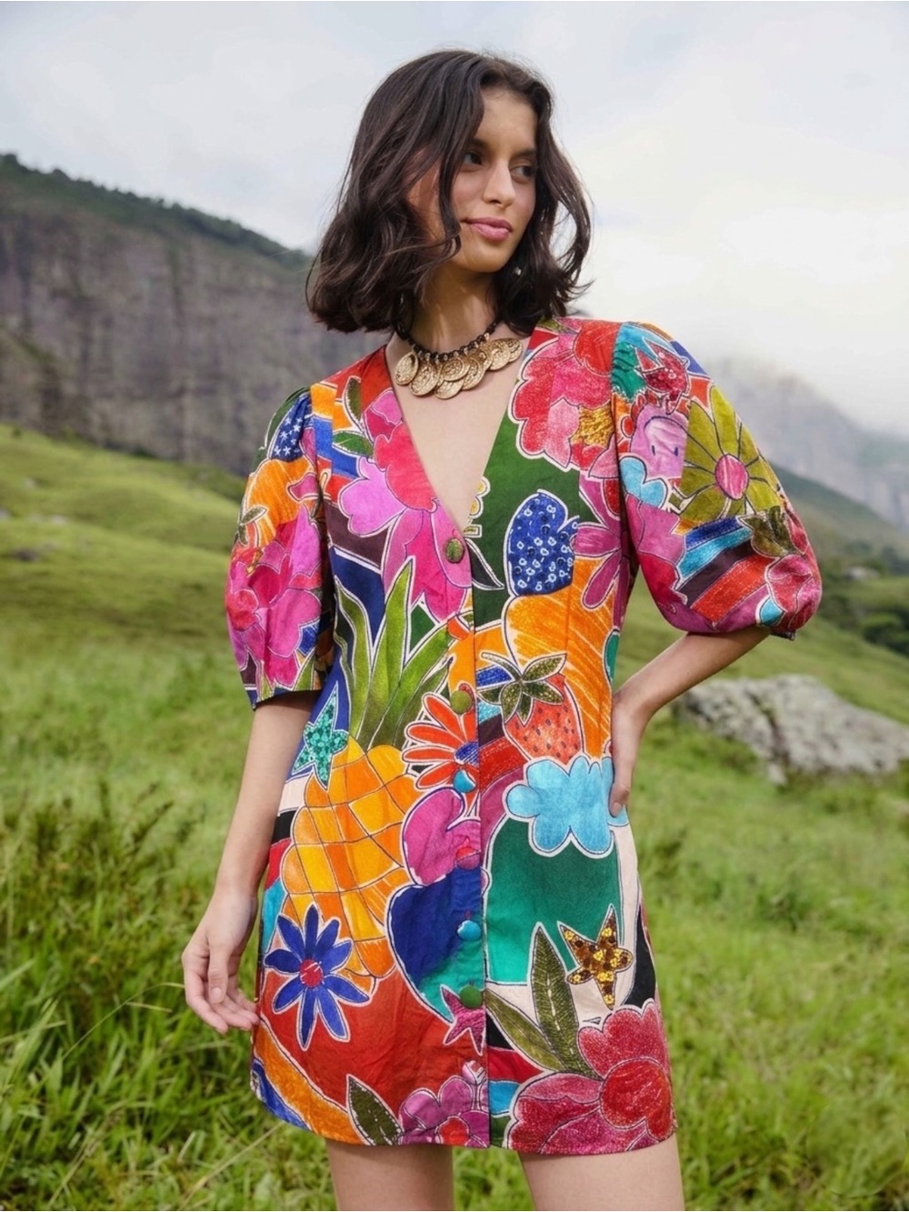 Farm Rio Mini Dress with Puff Sleeves Tropical Floral Print Sz S Vacation Resort